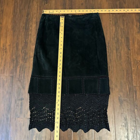 SAO PAULO Suede Midi Skirt Black Crochet Trim Retro Gothic 90s - Picture 11 of 11